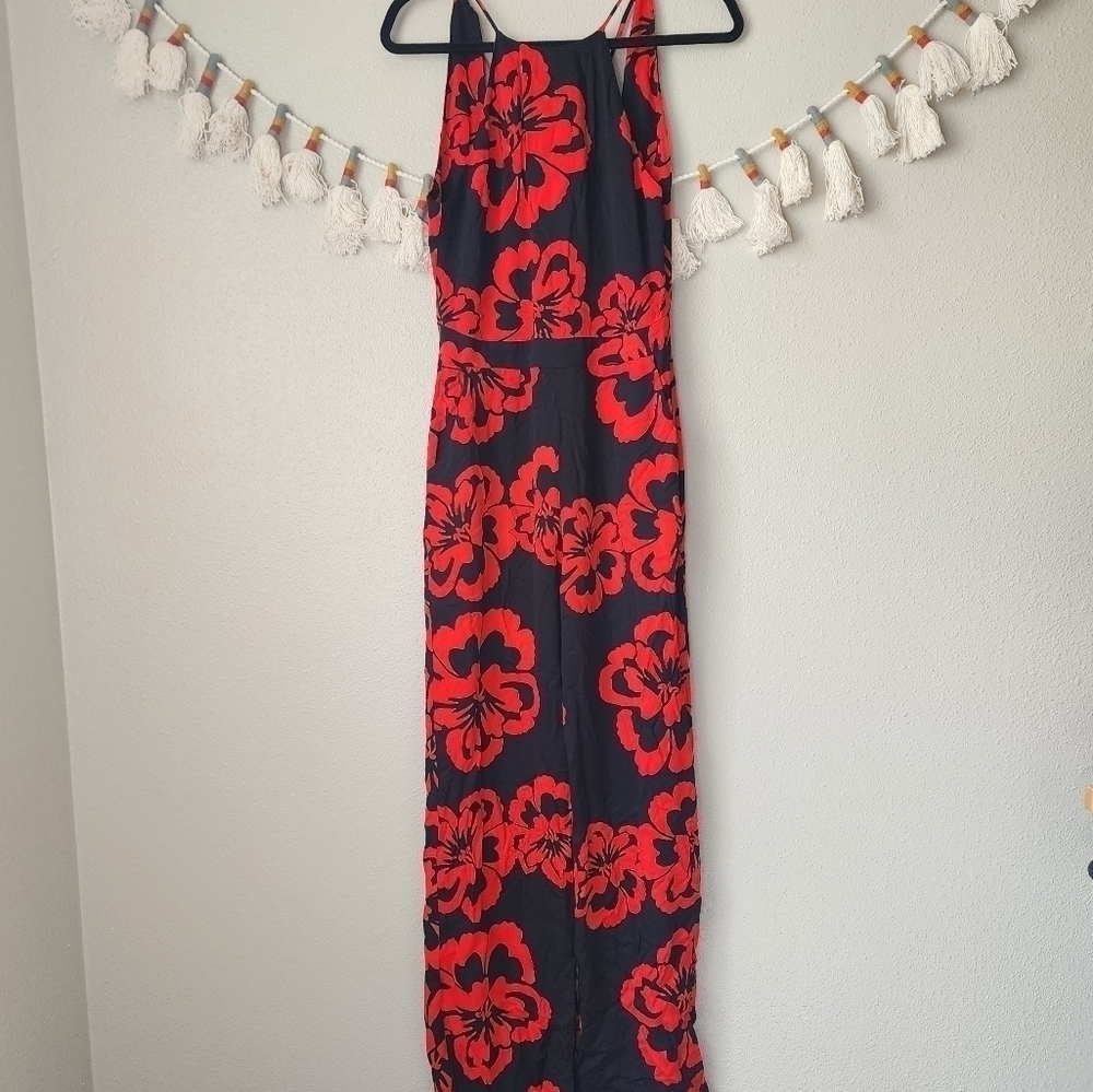 Karina Grimaldi Lauren Red Floral Black Halter Open Back Slim Leg Jumpsuit S
